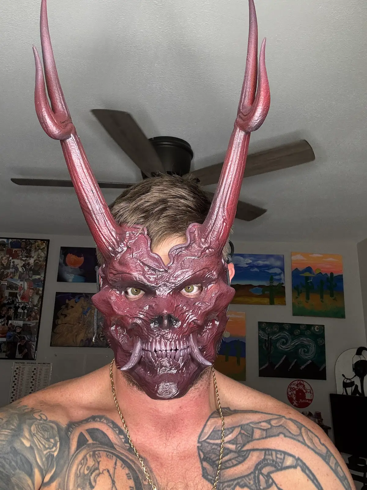 Large horned wearable demon mask with hand-painted finish